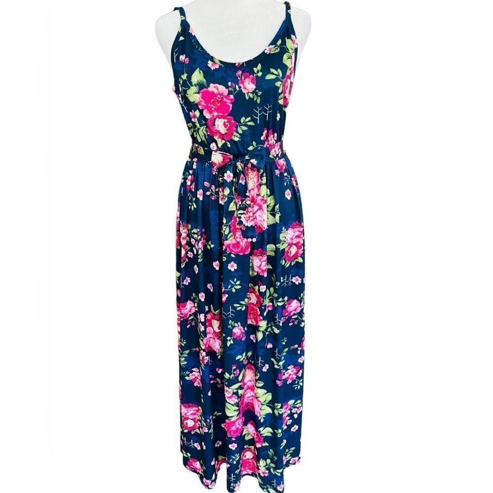 Pat Pat blue floral spaghetti strap maxi dress, elastic waistband with tie, sz S